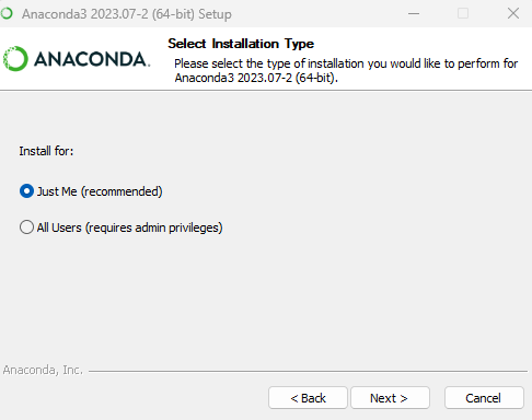 Selecione o tipo de instalação do Anaconda no Windows: just me ou all users