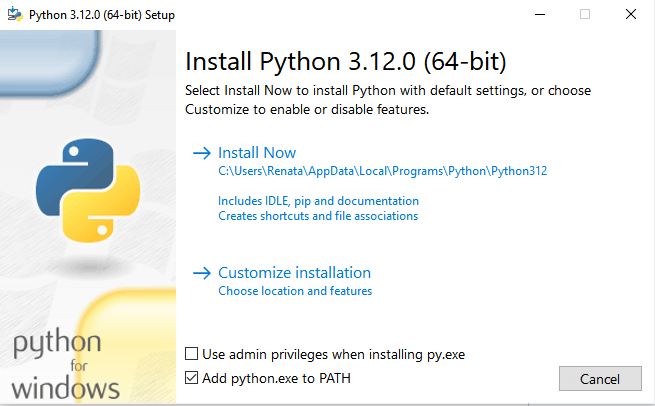 Tela de instalação do Python no Windows