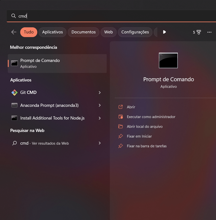 Busca por cmd no menu iniciar do Windows