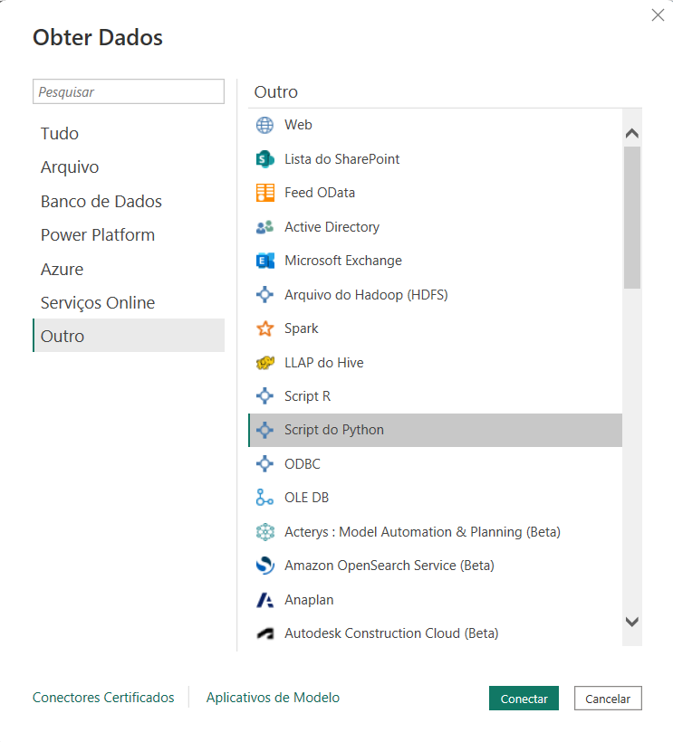 Tela para importar um script do Python no Power BI