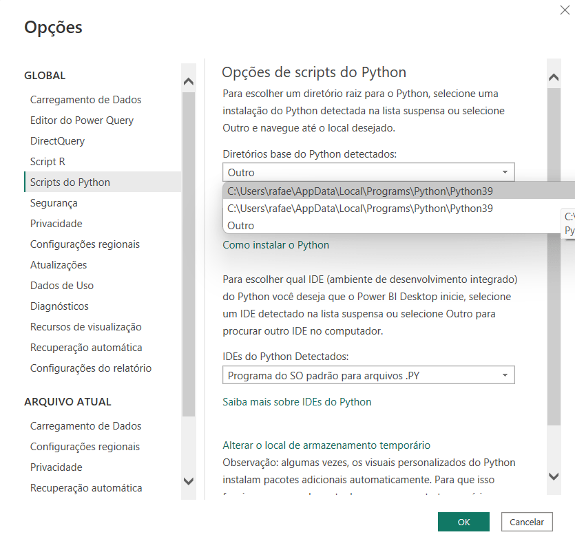 Opções de scripts do Python no Power BI