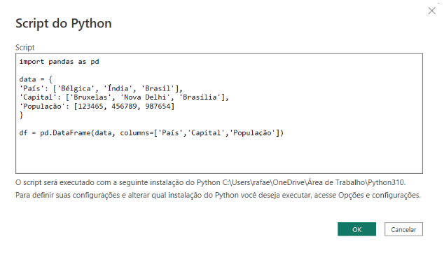 Tela para instalar o script do Python no Power BI