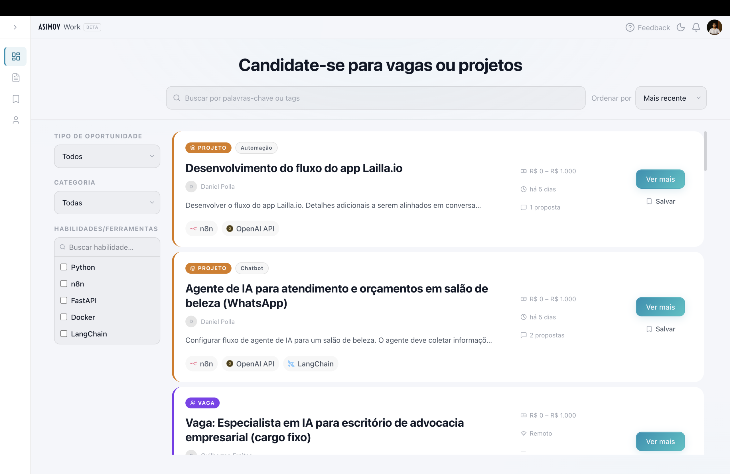 Plataforma Asimov Work — marketplace de vagas e projetos